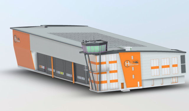 helioperations hangar portland 3d render aerial